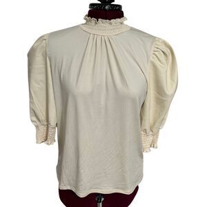 BREA CANYON Vegan Leather Puff Sleeve Blouse MEDIUM Cream Smocked Mock Neck NWT